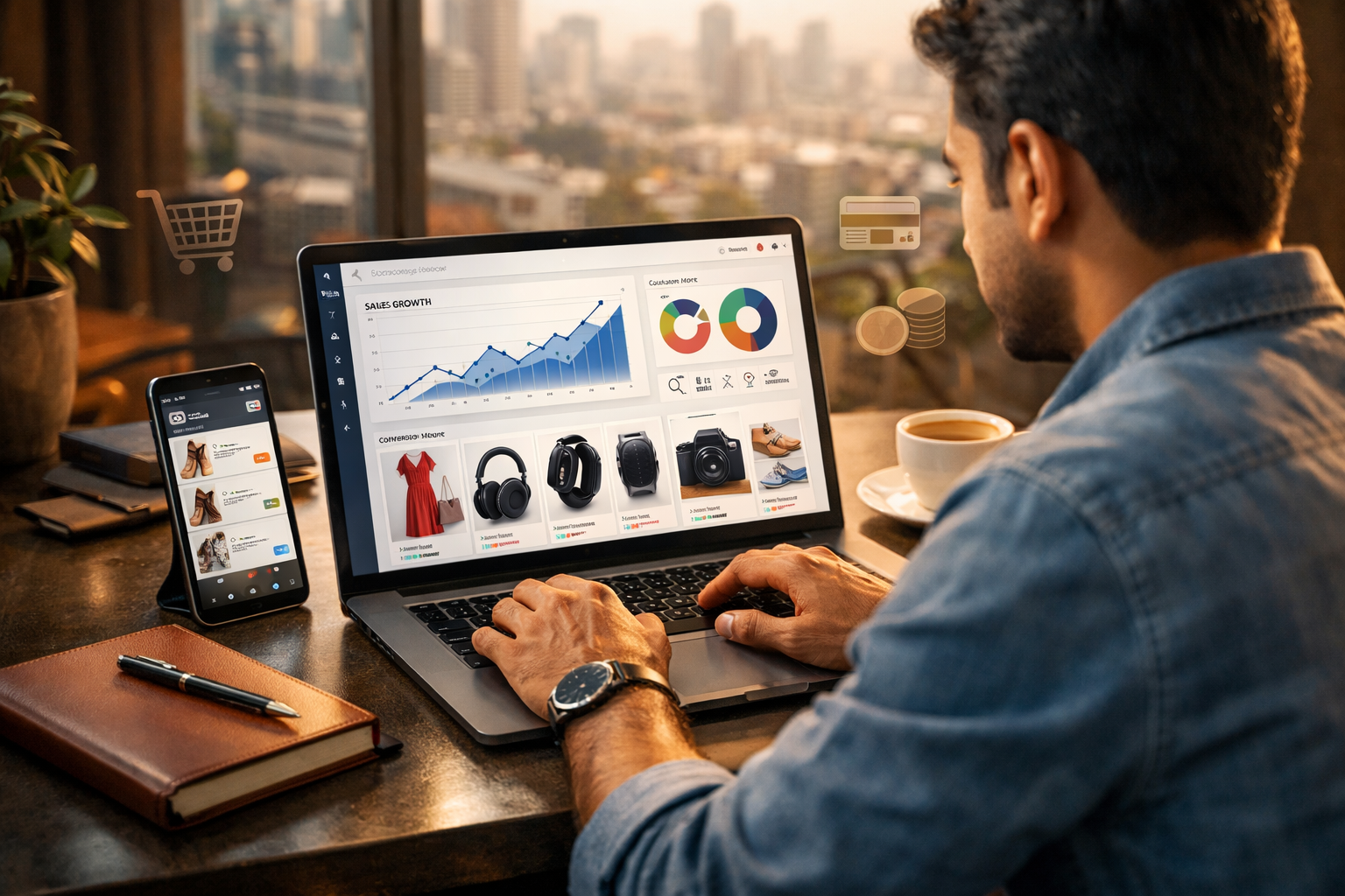 Ecommerce digital marketing campaign showing online store growth, increased sales and conversions