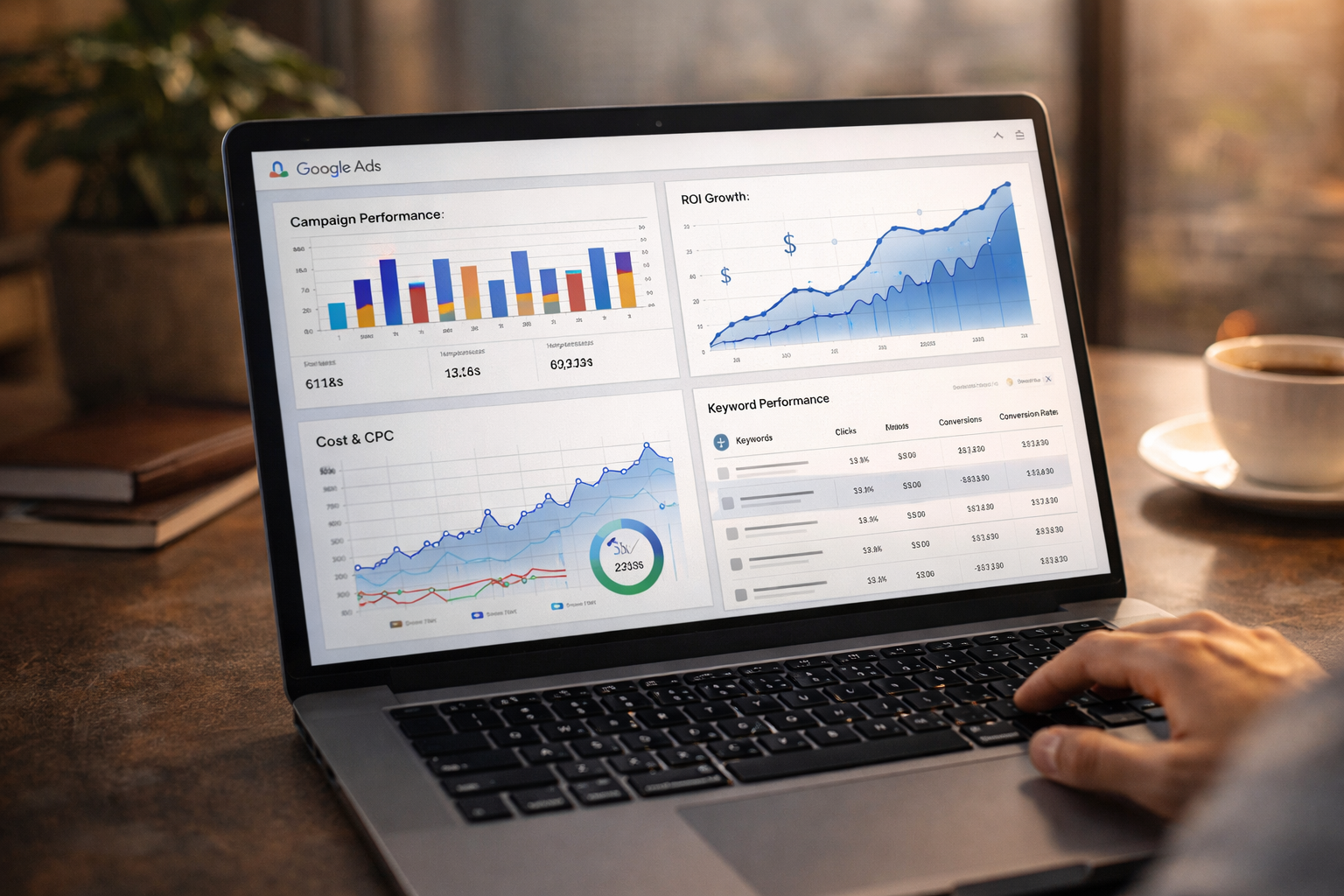 Google Ads dashboard showing ROI growth, campaign performance, and conversion optimization