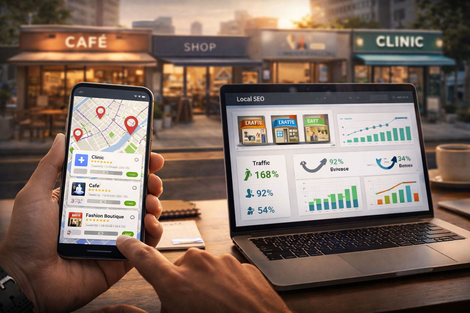 Local digital marketing strategy showing map listings, customer engagement and business growth