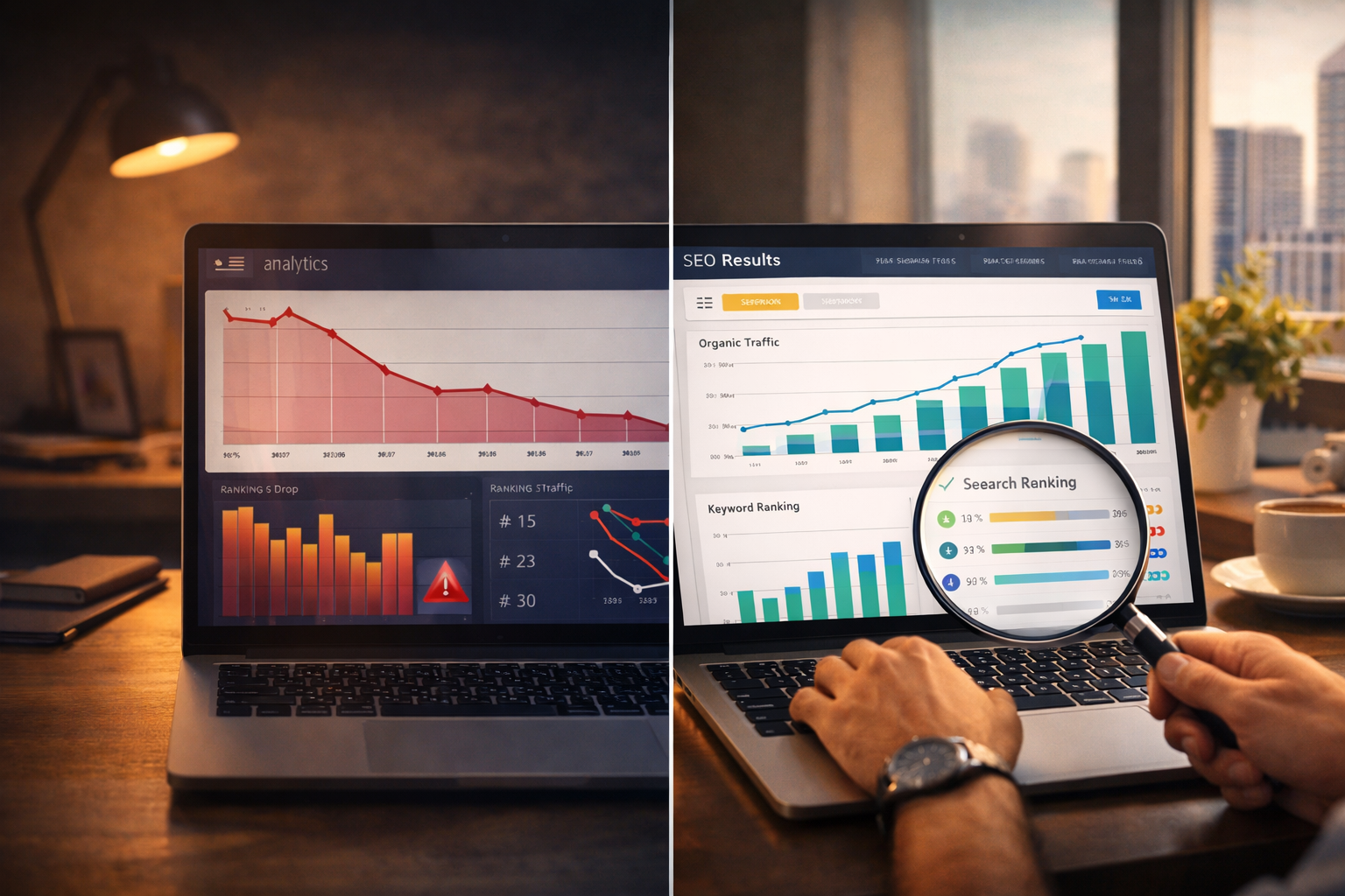 SEO strategy dashboard showing keyword rankings, organic traffic growth and website optimization